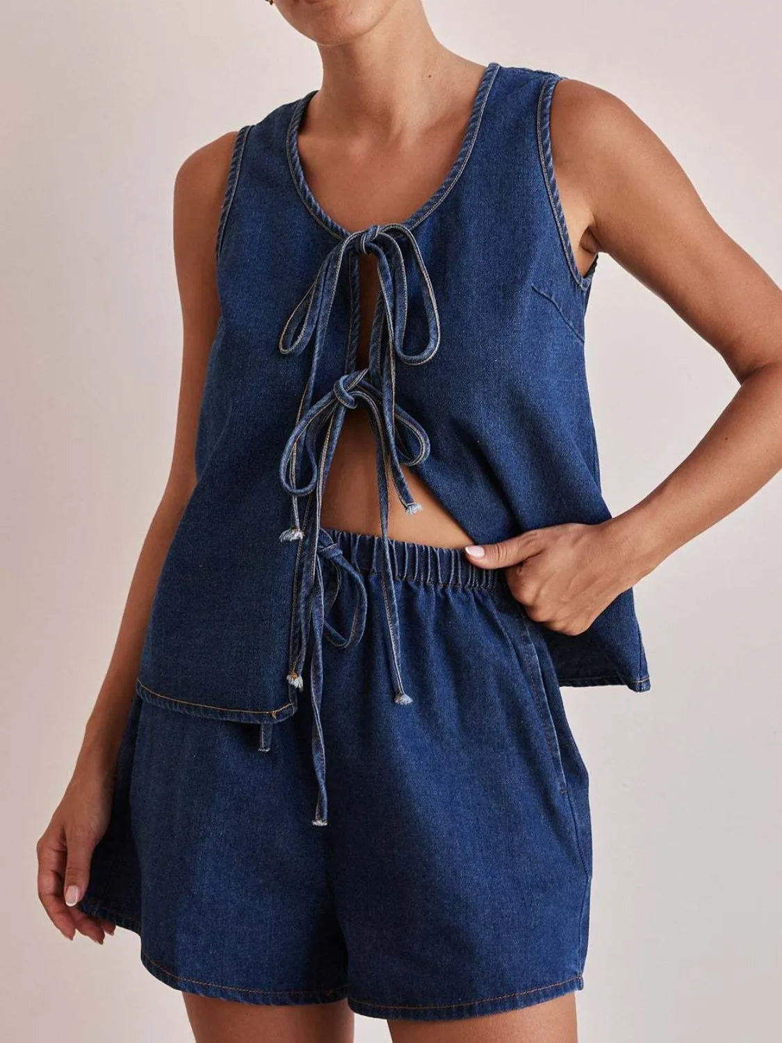 Tie Front Vest and Shorts Denim Set Main image
