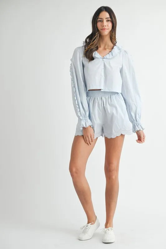 MABLE Long Sleeve Scallop Blouse and Shorts Set