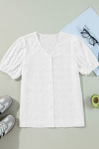 Lace Puff Sleeve V Neck Button Up Shirt