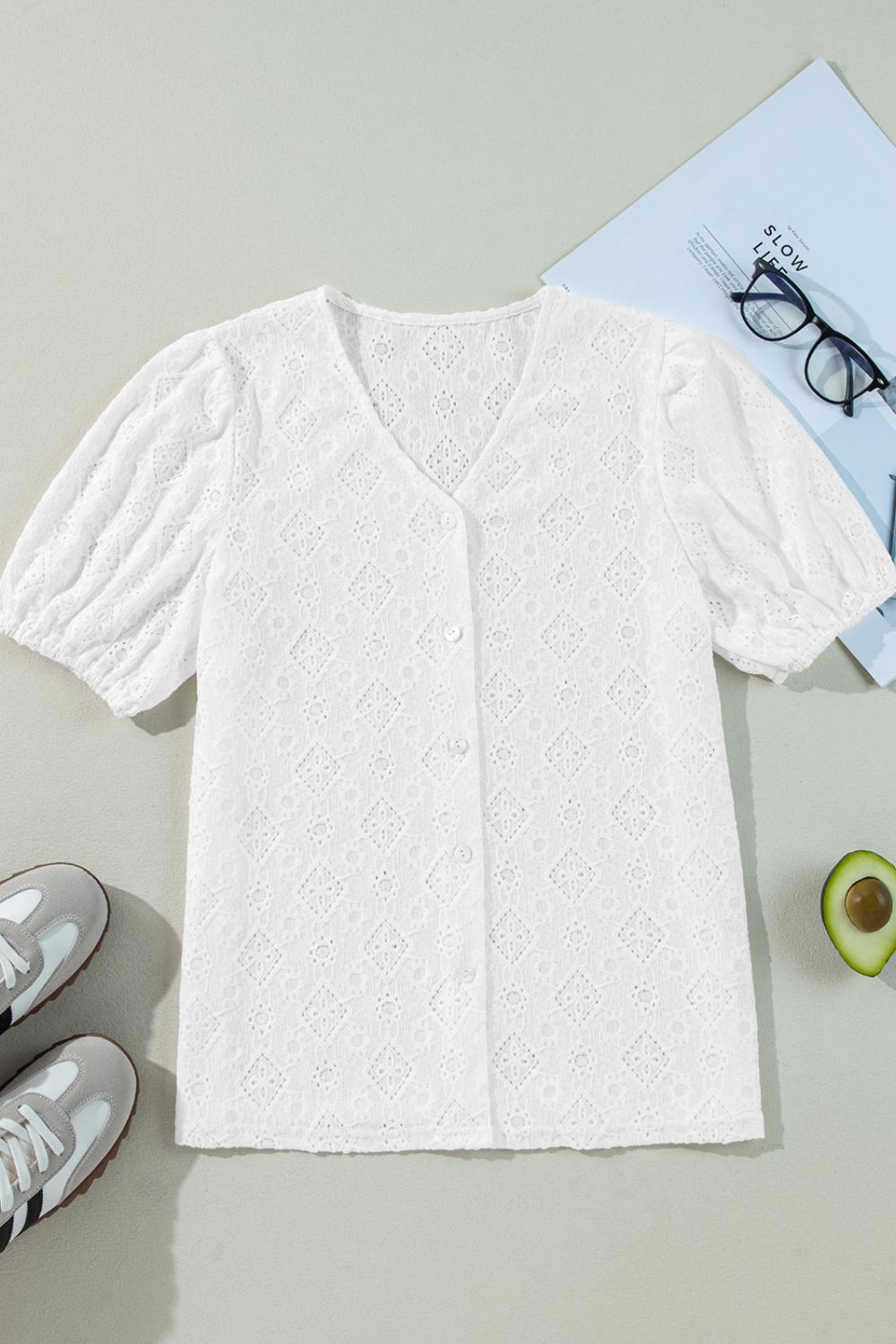 Lace Puff Sleeve V Neck Button Up Shirt - felvior