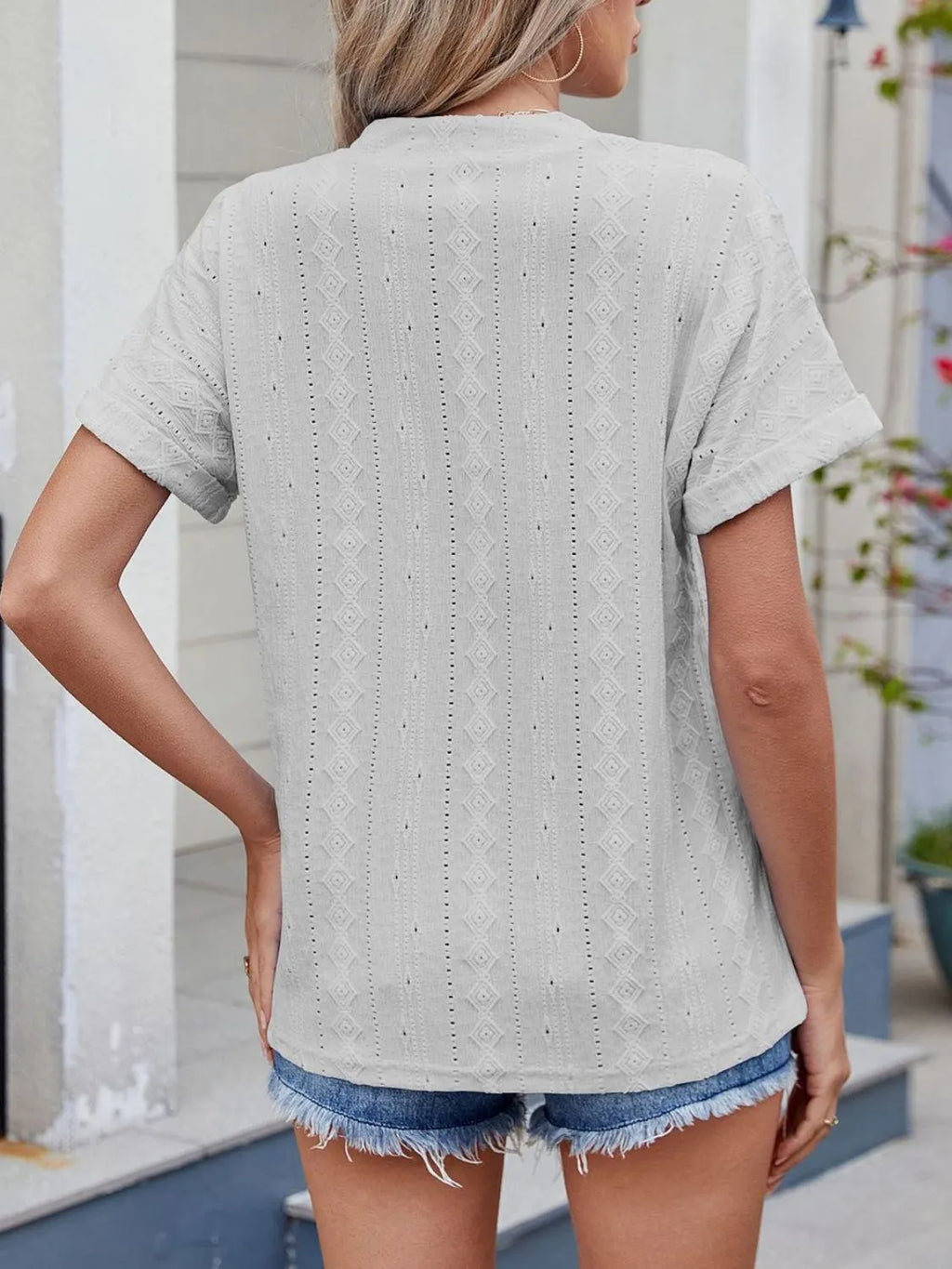 Eyelet Notched Short Sleeve Top