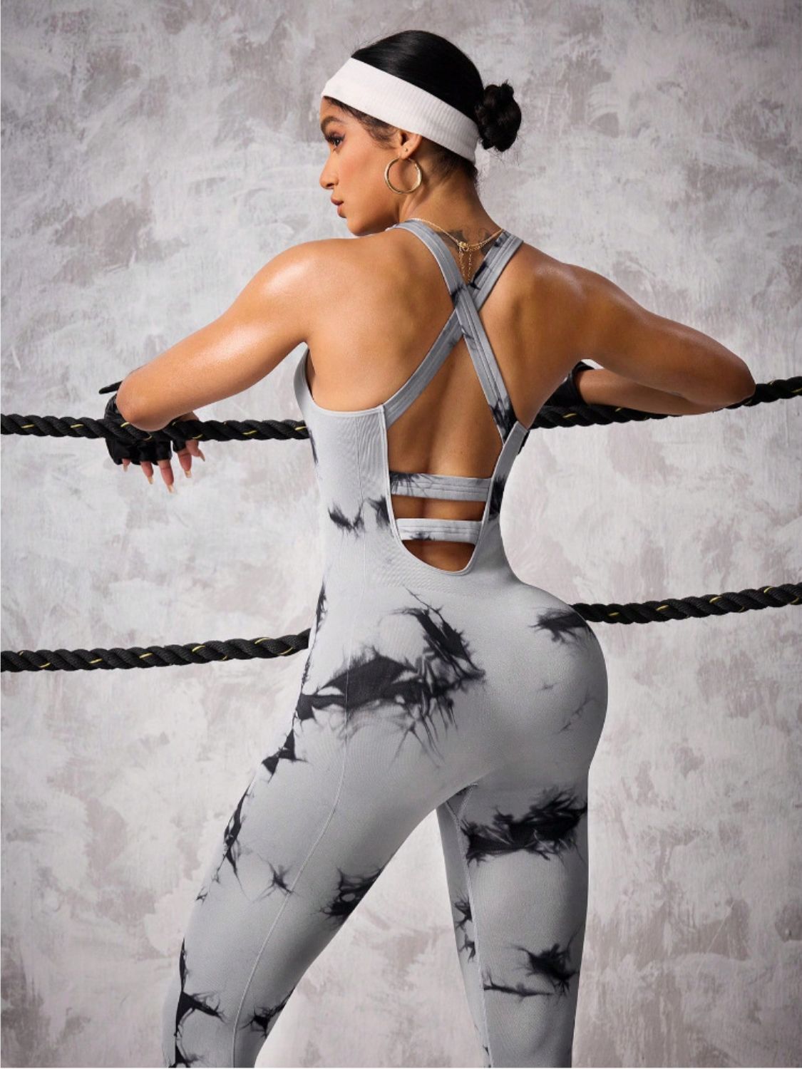Back Crisscross Tie-Dye Scoop Neck Active Jumpsuit - felvior