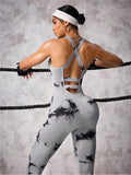Back Crisscross Tie-Dye Scoop Neck Active Jumpsuit - felvior