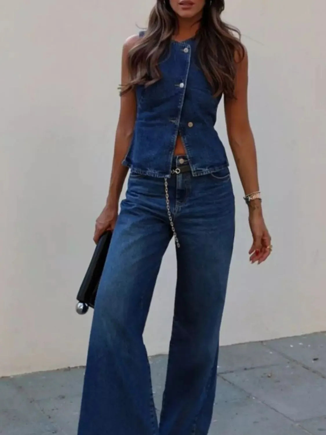 Button Down Vest and Flare Jeans Denim Set