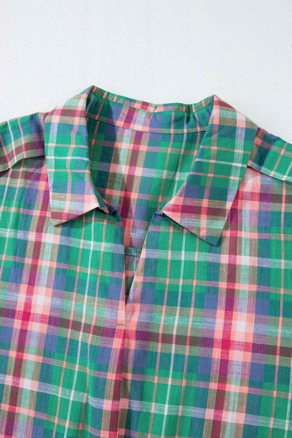 Plaid Collared Neck Three-Quarter Sleeve Shirt