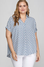 She + Sky Full Size Printed Johnny Collar Short Sleeve Blouse Plus Size