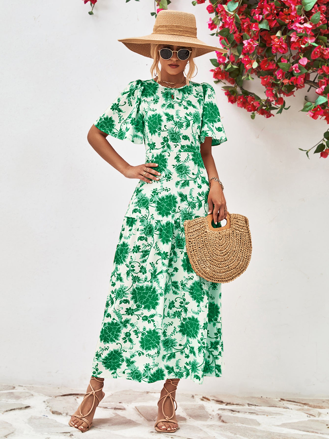 Floral Round Neck Tied Open Back Dress - felvior