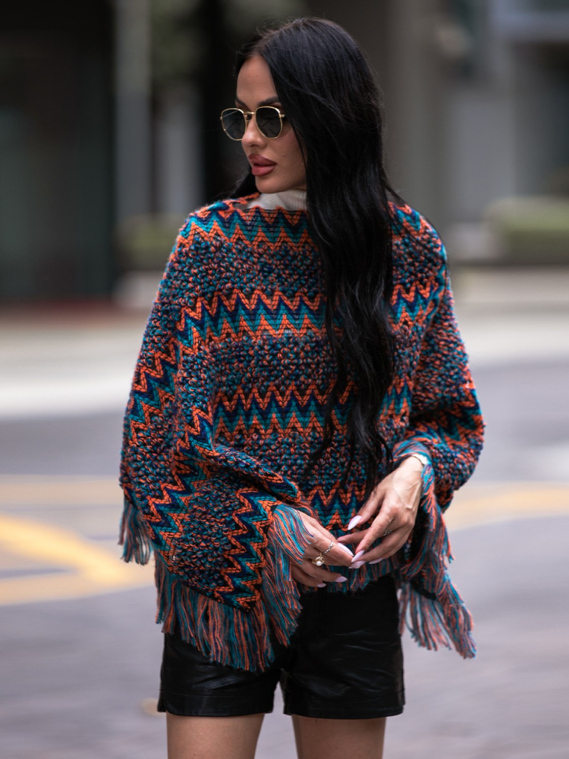 Shiny Fringe Hem Boat Neck Poncho - felvior