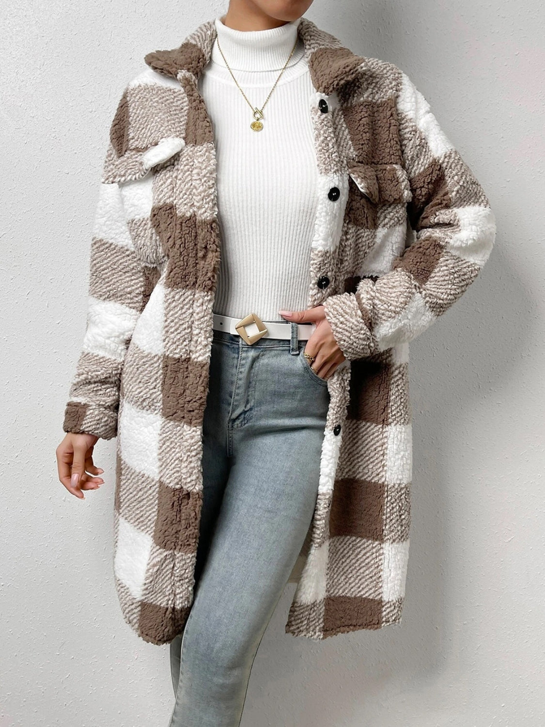 Plaid Collared Neck Button Down Coat - felvior