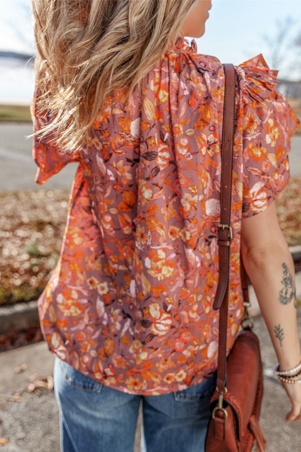 Floral Ruffled Layered Short Sleeve Tie Neck Blouse - felvior