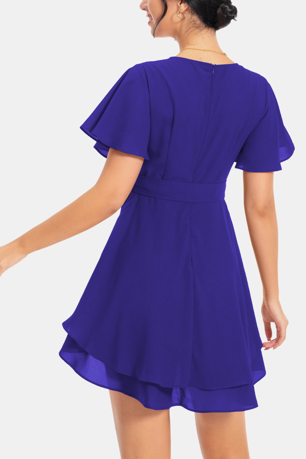 Surplice Neck Flutter Sleeve Dress - felvior