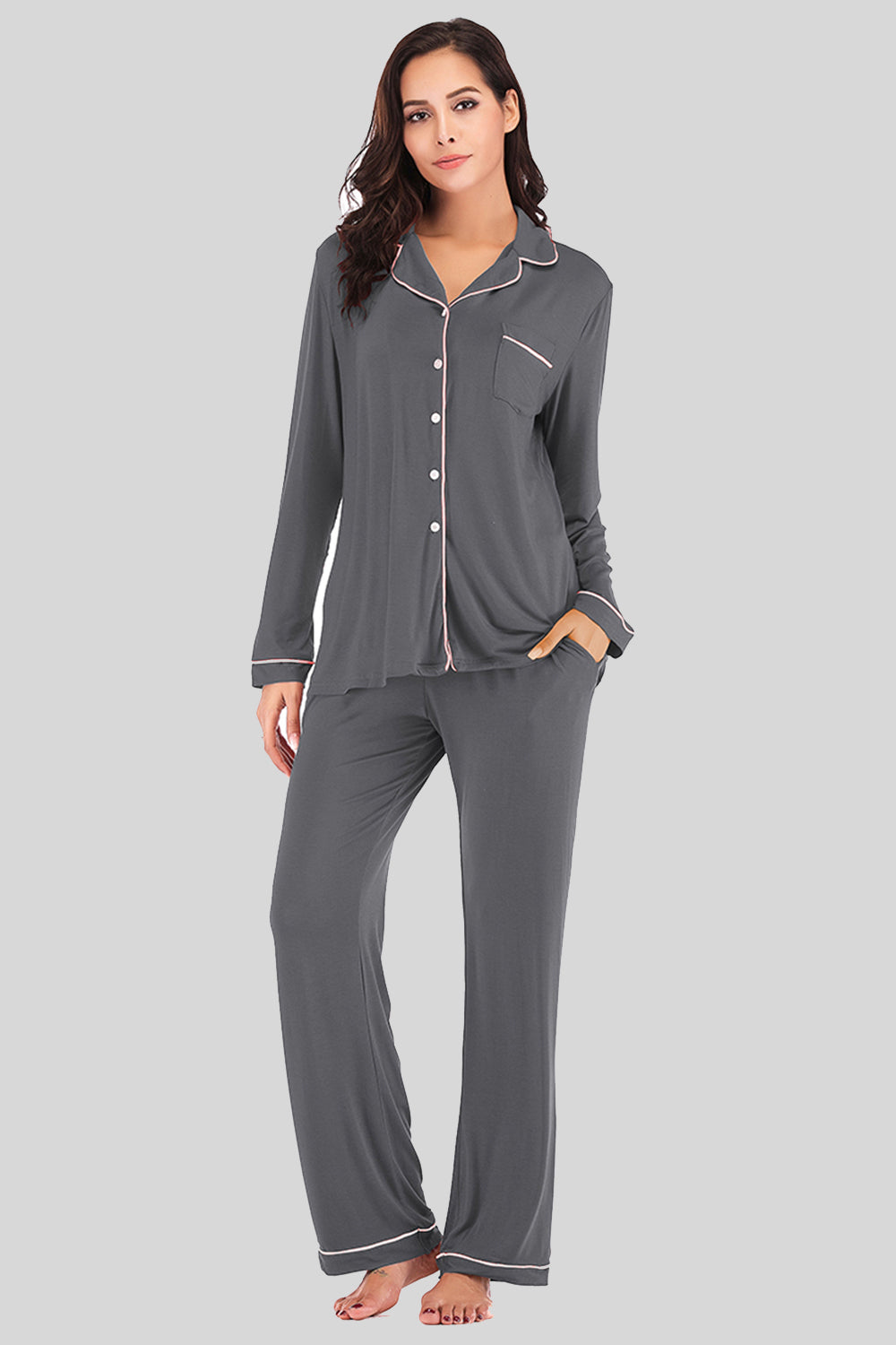 Collared Neck Long Sleeve Loungewear Set with Pockets - felvior