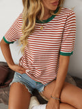 Mandy Striped Round Neck Half Sleeve Knit Top - felvior