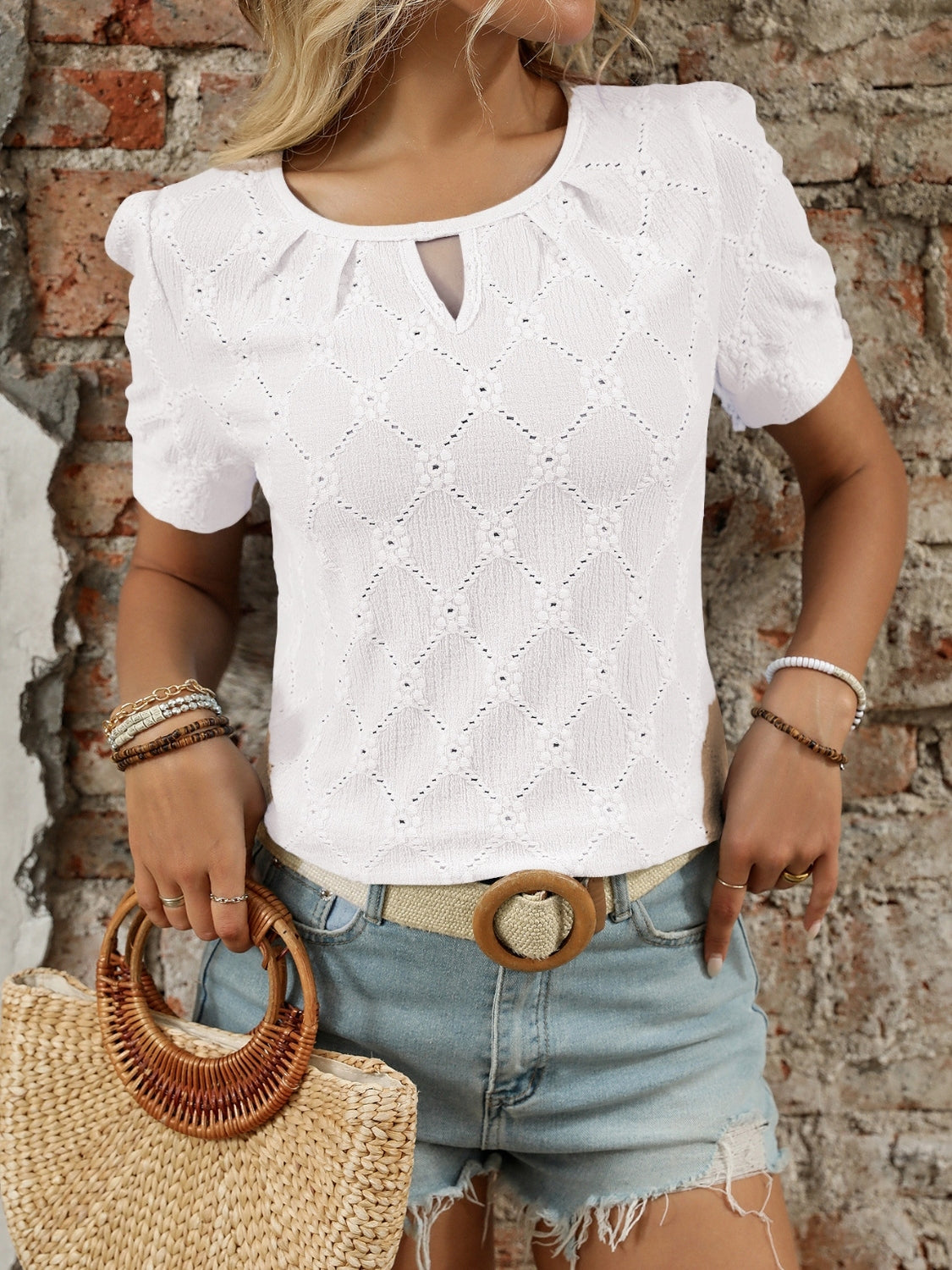 Eyelet Round Neck Short Sleeve Top