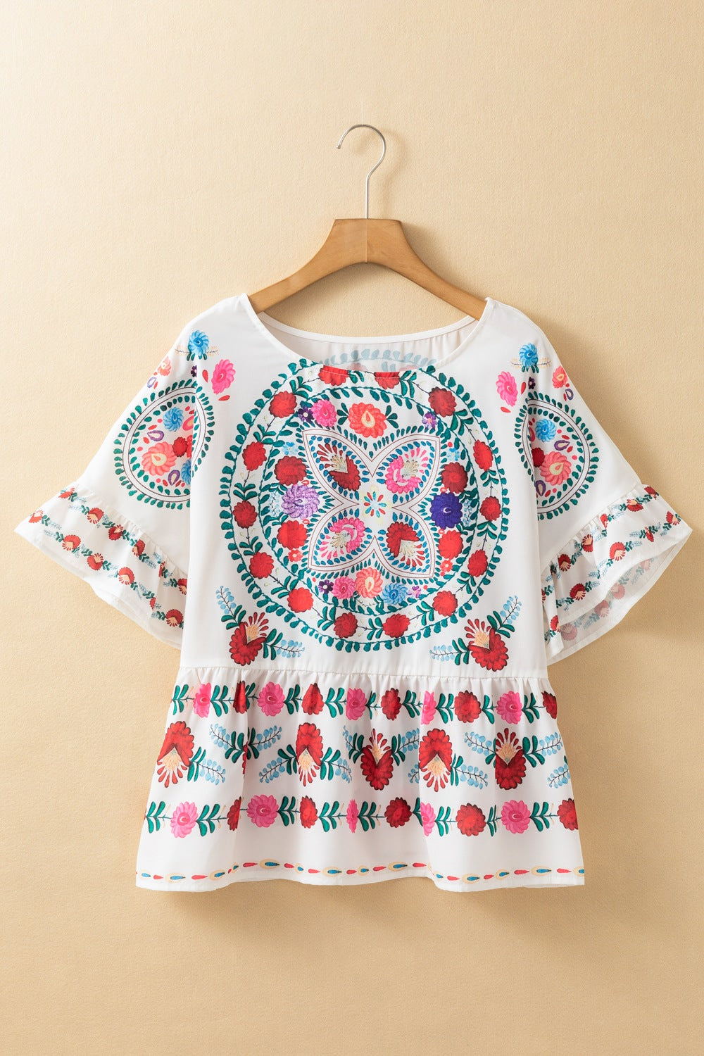 Floral Print Round Neck Ruffle Trim Blouse - felvior