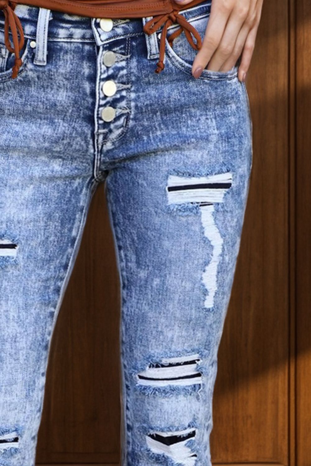 Distressed Button-Fly Bootcut Jeans with Pockets - felvior