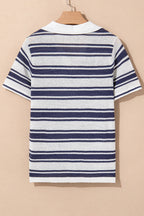 Stripe Johnny Collar Short Sleeve Knit Top