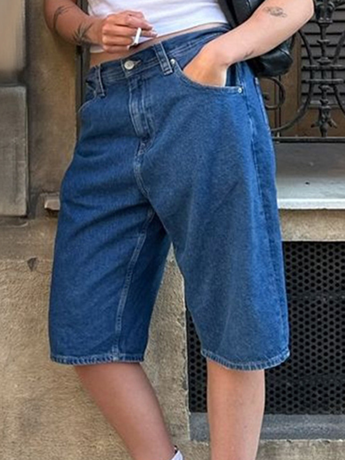 High Waist Denim Shorts with Pockets - felvior
