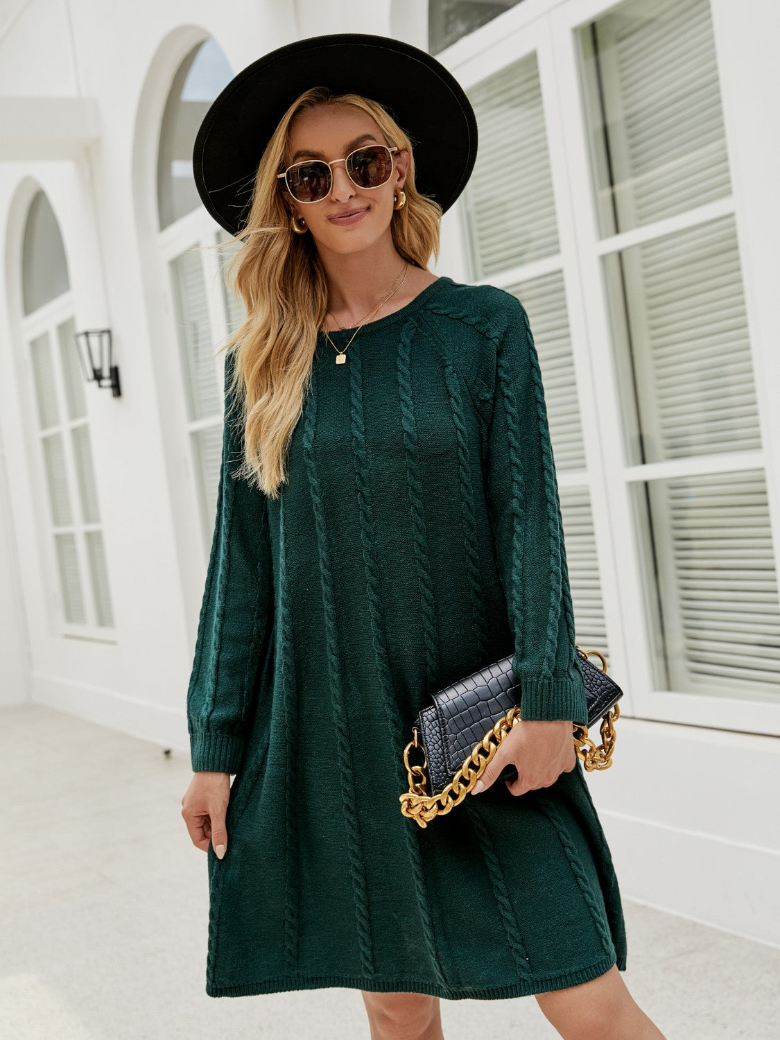 Cable-Knit Long Sleeve Sweater Dress - felvior