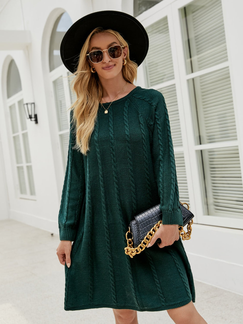 Cable-Knit Long Sleeve Sweater Dress - felvior