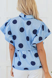 Polka Dot Print Ruffled Short Sleeve Buttoned Collared Blouse - felvior