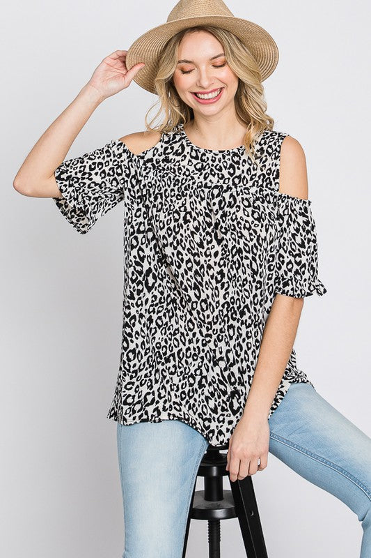 Heimish Full Size Leopard Round Neck Cold Shoulder T-Shirt Plus Size