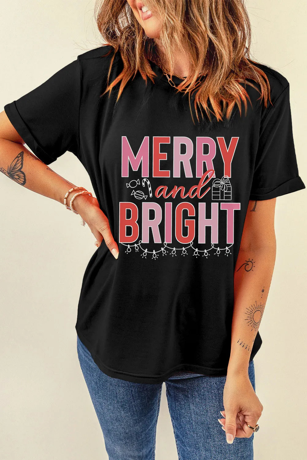 MERRY AND BRIGHT Round Neck Short Sleeve T-Shirt - felvior
