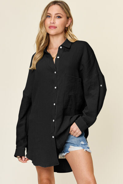 Double Take Full Size Pocketed Texture Button Up Shirt - felvior