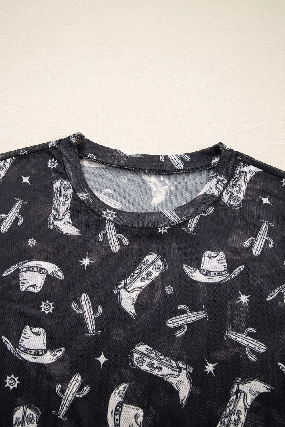 Western Pattern Mesh Sheer Crew Neck Top