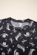Western Pattern Mesh Sheer Crew Neck Top