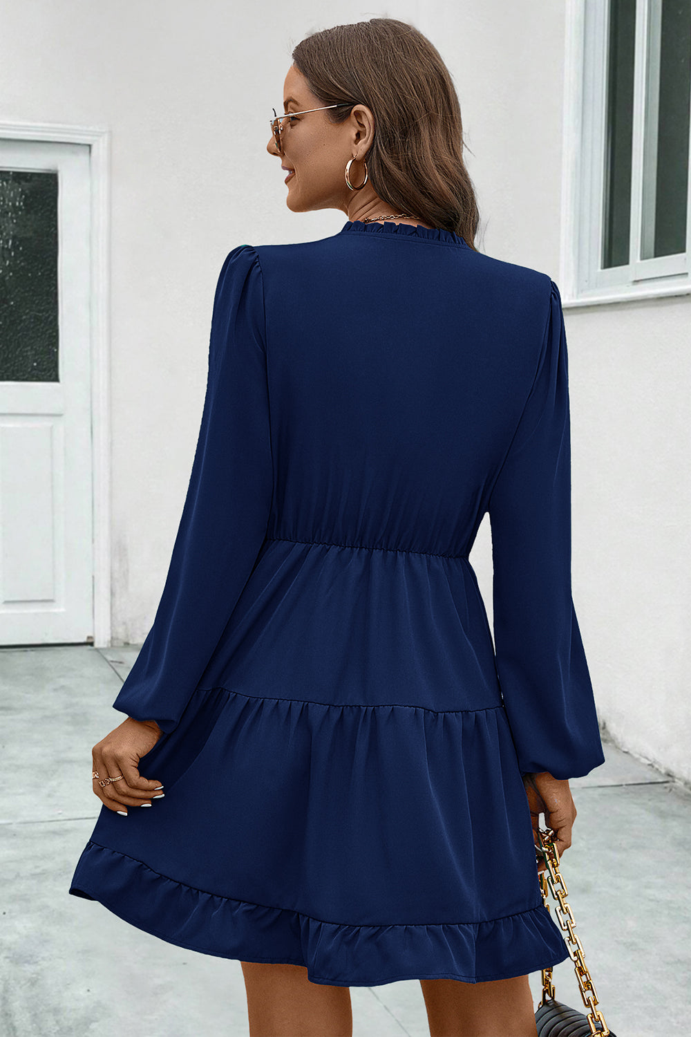 V-Neck Tie Neck Long Sleeve Dress - felvior