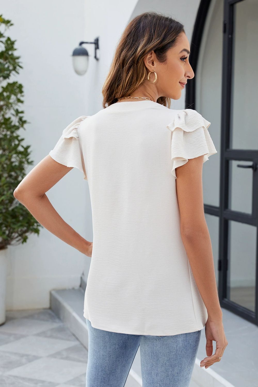 Ruffled Notched Short Sleeve Blouse - felvior