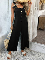 Devine Button Front Knotted Strap Wide Leg Jumpsuit