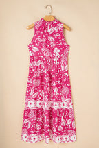 Floral Sleeveless Tasseled Tie Neck Tiered Midi Dress