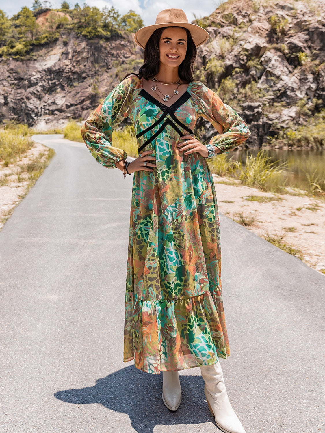 Printed V-Neck Long Sleeve Dress - felvior