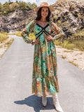 Printed V-Neck Long Sleeve Dress - felvior