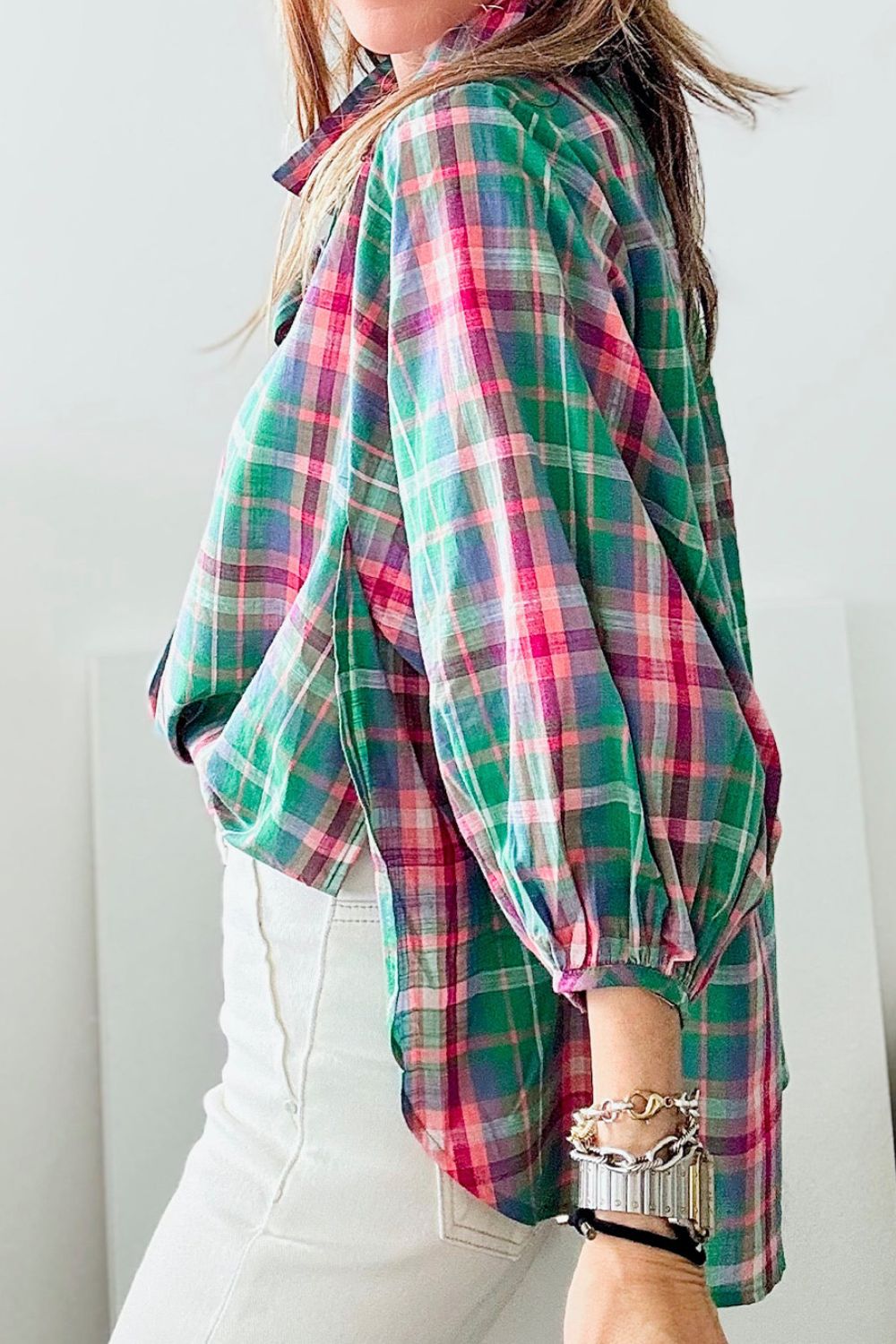 Plaid Collared Neck Three-Quarter Sleeve Shirt
