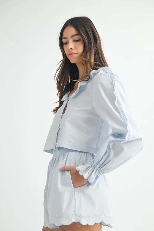 MABLE Long Sleeve Scallop Blouse and Shorts Set - felvior