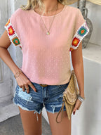 Devine Swiss Dot Round Neck Crochet Short Sleeve Top