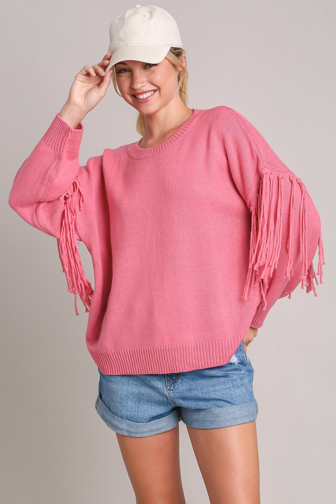 Umgee Full Size Fringe Round Neck Long Sleeve Sweater Plus Size Hauptbild