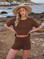 Round Neck Short Sleeve Top and Shorts Sweater Set