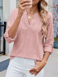 Eyelet Notched Roll-Tab Sleeve Top