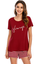 Graphic Round Neck Top and Striped Shorts Lounge Set