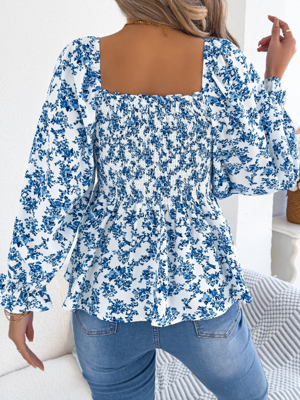 Floral Square Neck Flounce Sleeve Blouse