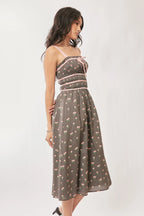 Davi & Dani Contrast Velvet Tape Smocking Bodice Midi Dress