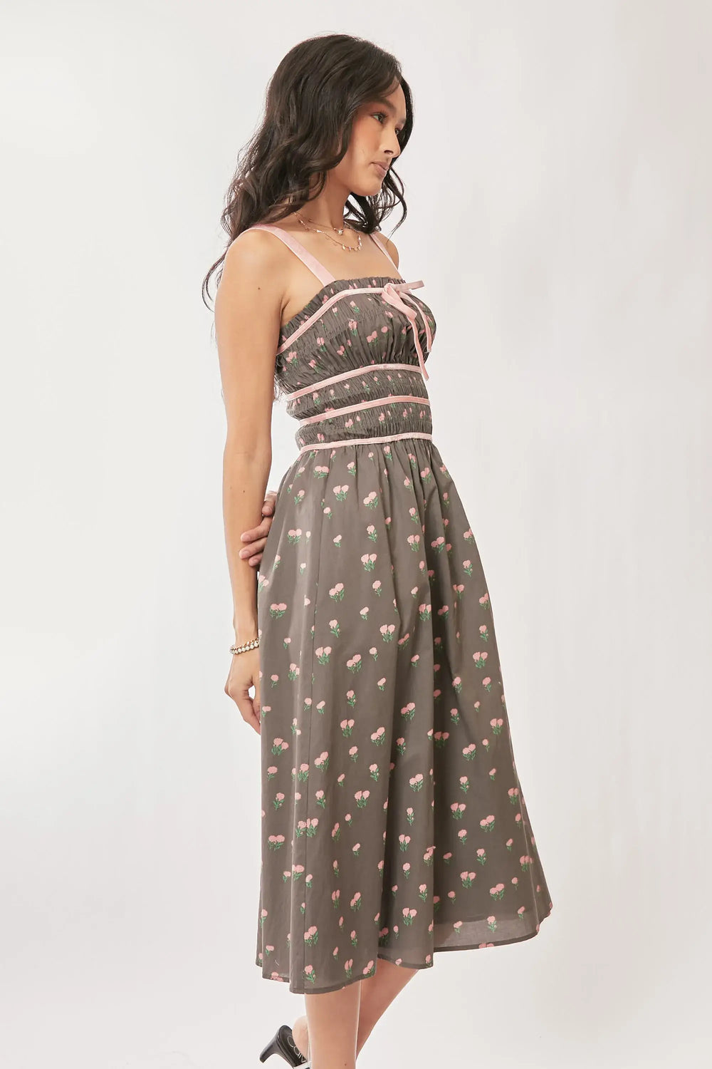 Davi & Dani Contrast Velvet Tape Smocking Bodice Midi Dress