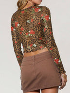 Leopard Floral Round Neck Long Sleeve Mesh T-Shirt