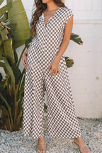 Checkered Print Crew Neck Wide Leg Jumpsuit
