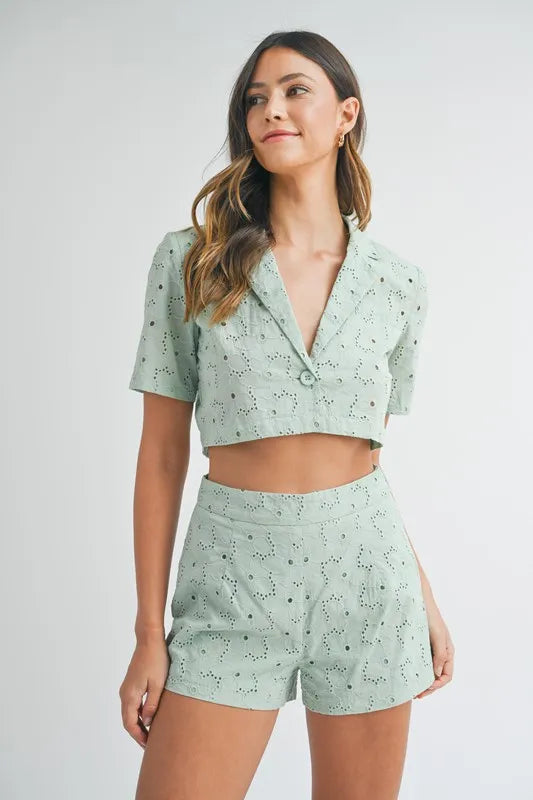 MABLE Eyelet Short Sleeve Crop Top and Shorts Set - felvior