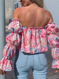 Printed Off-Shoulder Flounce Sleeve Blouse - felvior